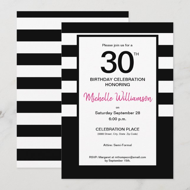 Black, Pink, White stripes, 30th birthday party Invitation (Front/Back)