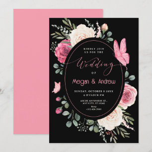 Black Pink white Watercolor Floral Roses wedding Invitation