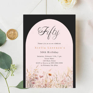 Black pink wildflower florals 50th birthday invitation