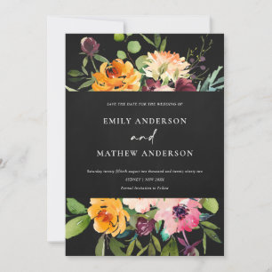 Black Pink Yellow Floral Save The Date Invite