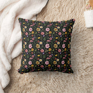 Black Pink Yellow Green Watercolor Florals Cottage Cushion