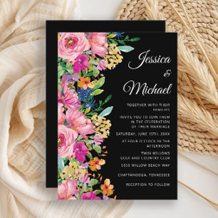 Black Pink Yellow Watercolor Wildflowers Wedding Invitation