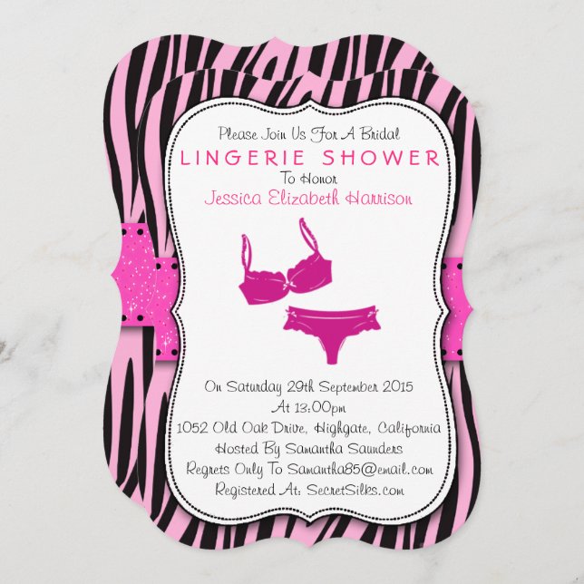 Black & Pink Zebra Print Bracket Lingerie Shower Invitation (Front/Back)