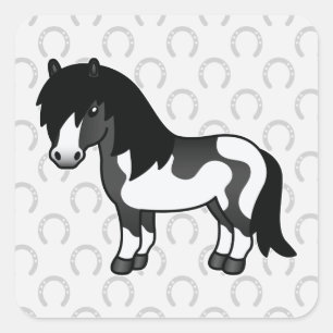 Black Pinto Cartoon Shetland Pony Square Sticker