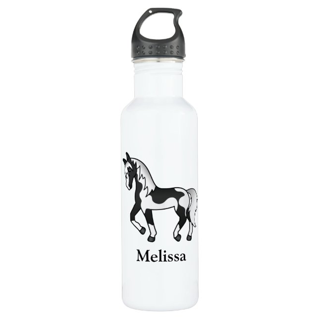 Black Pinto Cartoon Trotting Horse & Custom Name 710 Ml Water Bottle (Front)