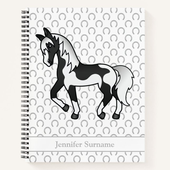 Black Pinto Cartoon Trotting Horse & Custom Text Notebook (Front)