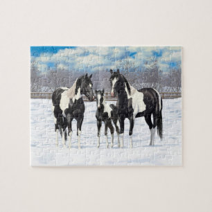Black Pinto Paint Quarter Horses In Snow Jigsaw Puzzle