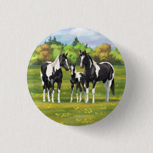Black Pinto Paint Quarter Horses In Summer Pasture 3 Cm Round Badge