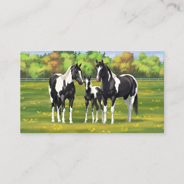 Black Pinto Paint Quarter Horses In Summer Pasture Business Card (Front)