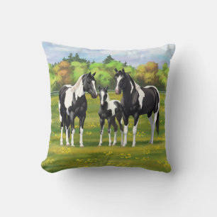 Black Pinto Paint Quarter Horses In Summer Pasture Cushion