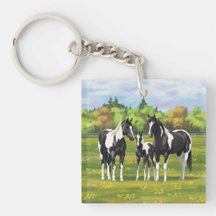 Black Pinto Paint Quarter Horses In Summer Pasture Key Ring