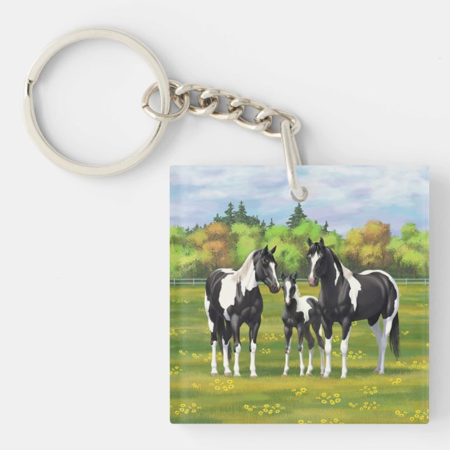 Black Pinto Paint Quarter Horses In Summer Pasture Key Ring (Front)