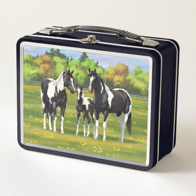 Black Pinto Paint Quarter Horses In Summer Pasture Metal Lunch Box (Front)