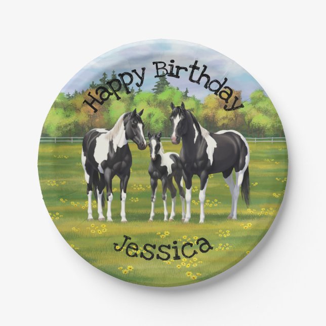 Black Pinto Paint Quarter Horses In Summer Pasture Paper Plate (Front)