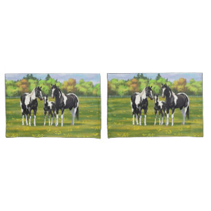 Black Pinto Paint Quarter Horses In Summer Pasture Pillowcase