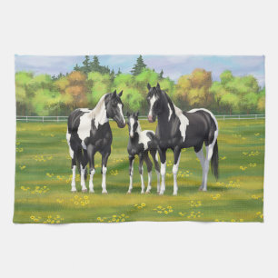 Black Pinto Paint Quarter Horses In Summer Pasture Tea Towel