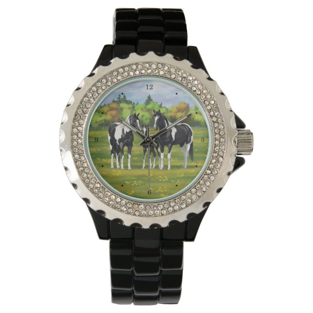 Black Pinto Paint Quarter Horses In Summer Pasture Watch (Front)