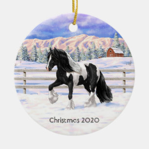 Black Pinto Piebald Gypsy Vanner Draft Horse Ceramic Tree Decoration