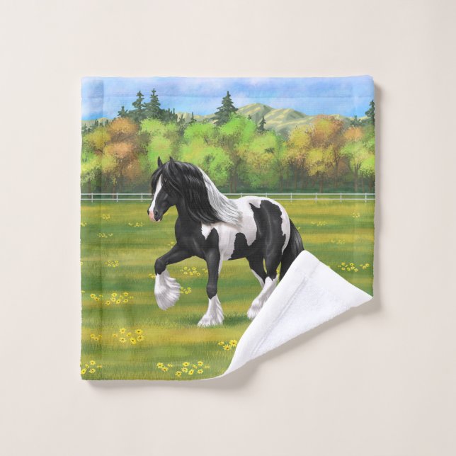 Black Pinto Piebald Gypsy Vanner Draught Horse Bath Towel Set (Wash Cloth)