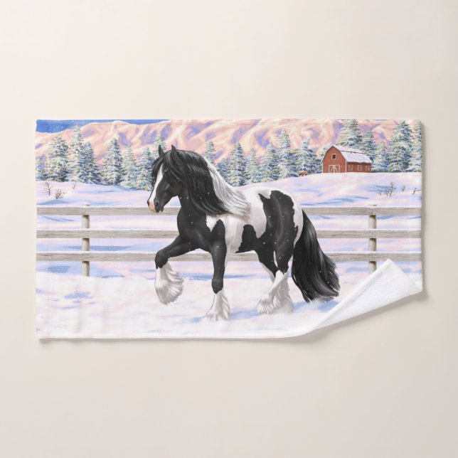Black Pinto Piebald Gypsy Vanner Draught Horse Bath Towel Set (Hand Towel)