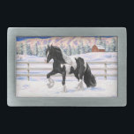Black Pinto Piebald Gypsy Vanner Draught Horse Belt Buckle<br><div class="desc">Black Pinto Piebald Gypsy Vanner Draught Horse Trotting in Snow.</div>