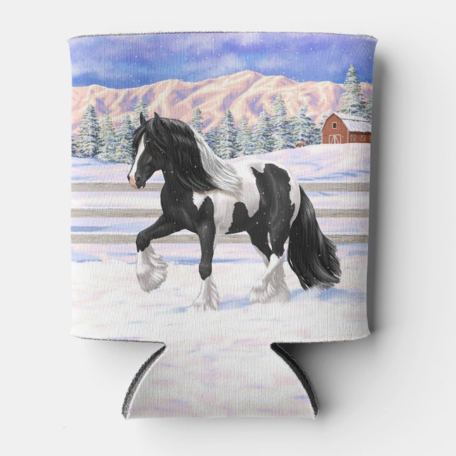 Black Pinto Piebald Gypsy Vanner Draught Horse Can Cooler (Front)