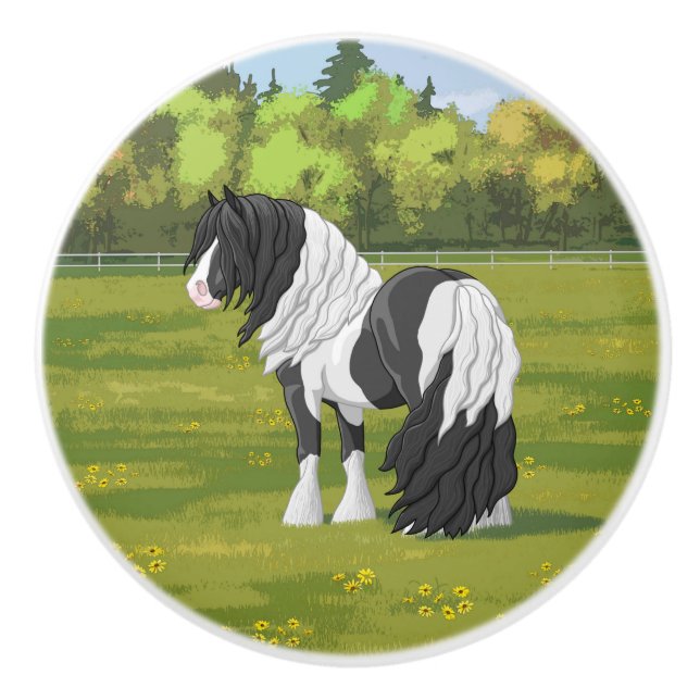 Black Pinto Piebald Gypsy Vanner Draught Horse Ceramic Knob (Front)