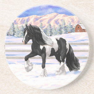 Black Pinto Piebald Gypsy Vanner Draught Horse Coaster