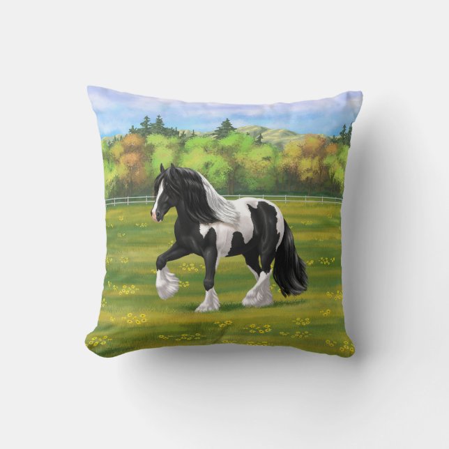Black Pinto Piebald Gypsy Vanner Draught Horse Cushion (Front)