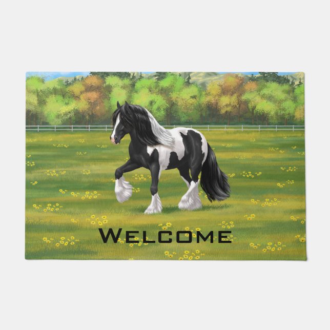 Black Pinto Piebald Gypsy Vanner Draught Horse Doormat (Front)