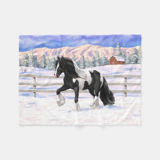 Black Pinto Piebald Gypsy Vanner Draught Horse Fleece Blanket (Front (Horizontal))
