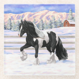 Black Pinto Piebald Gypsy Vanner Draught Horse Glass Coaster