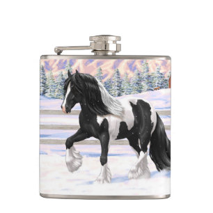 Black Pinto Piebald Gypsy Vanner Draught Horse Hip Flask