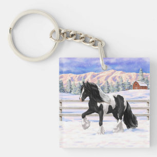 Black Pinto Piebald Gypsy Vanner Draught Horse Key Ring