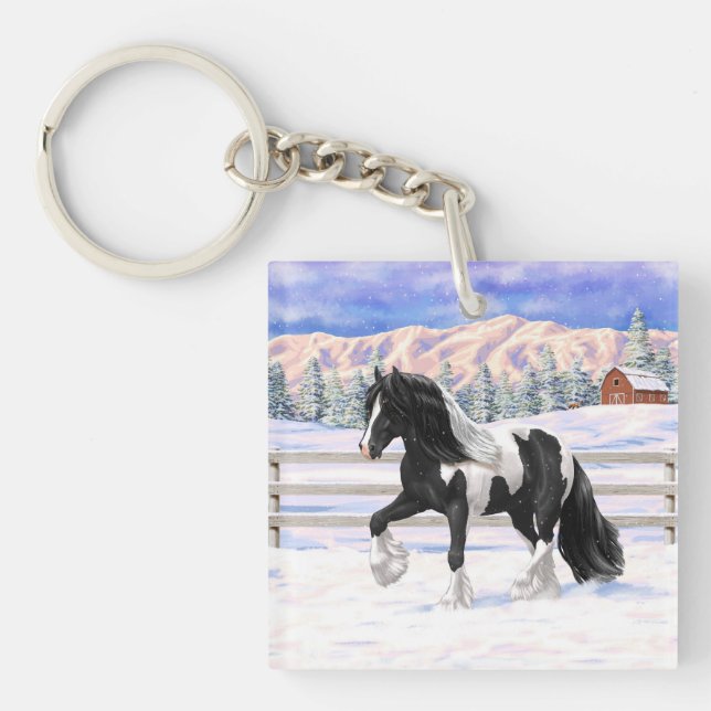 Black Pinto Piebald Gypsy Vanner Draught Horse Key Ring (Front)