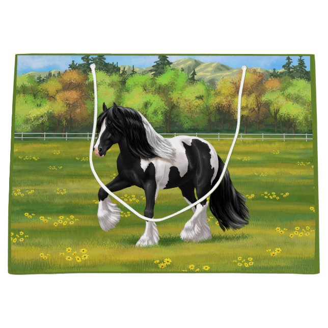 Black Pinto Piebald Gypsy Vanner Draught Horse Large Gift Bag (Front)