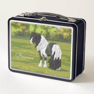 Black Pinto Piebald Gypsy Vanner Draught Horse Metal Lunch Box