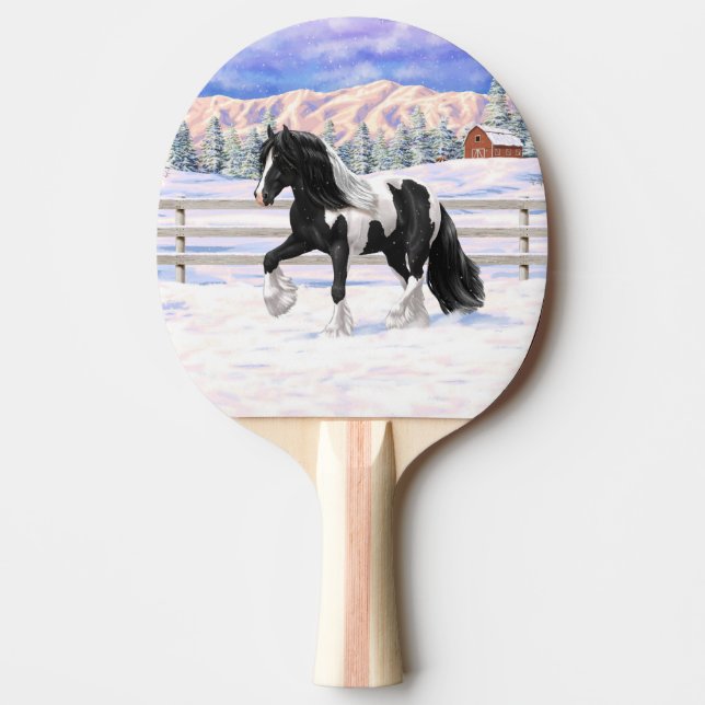 Black Pinto Piebald Gypsy Vanner Draught Horse Ping Pong Paddle (Front)
