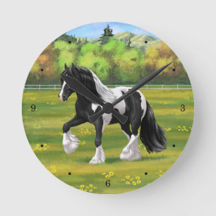 Black Pinto Piebald Gypsy Vanner Draught Horse Round Clock