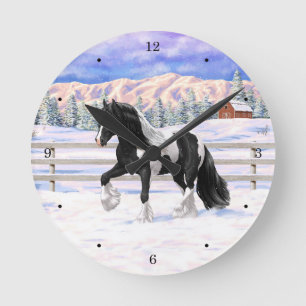 Black Pinto Piebald Gypsy Vanner Draught Horse Round Clock