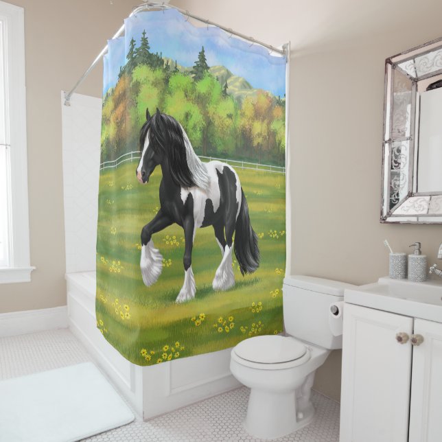 Black Pinto Piebald Gypsy Vanner Draught Horse Shower Curtain (In Situ)