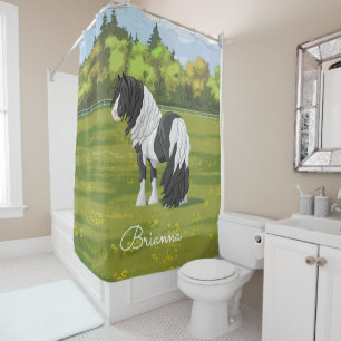 Black Pinto Piebald Gypsy Vanner Draught Horse Shower Curtain