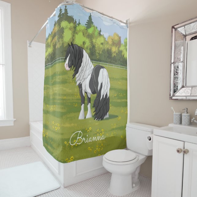 Black Pinto Piebald Gypsy Vanner Draught Horse Shower Curtain (In Situ)