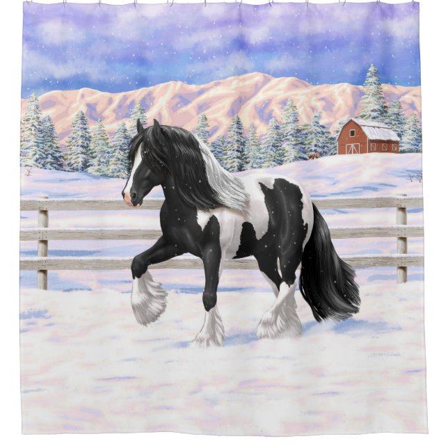 Black Pinto Piebald Gypsy Vanner Draught Horse Shower Curtain (Front)