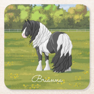 Black Pinto Piebald Gypsy Vanner Draught Horse Square Paper Coaster