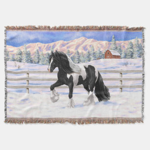 Black Pinto Piebald Gypsy Vanner Draught Horse Throw Blanket