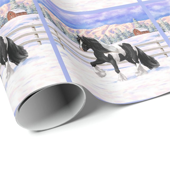 Black Pinto Piebald Gypsy Vanner Draught Horse Wrapping Paper (Roll Corner)
