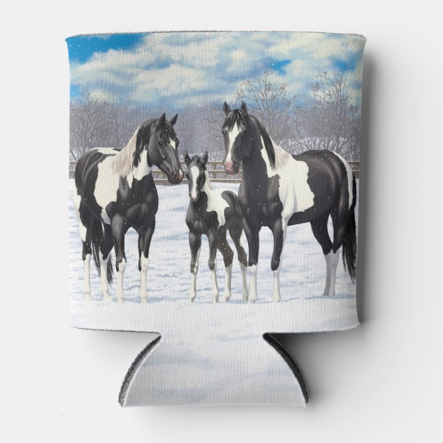 Black Pinto Quarter Horse Paint Horses In Snow Can Cooler (Front)
