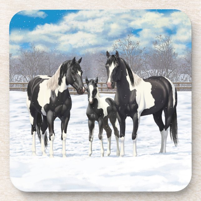 Black Pinto Quarter Horse Paint Horses In Snow Coaster (Front)