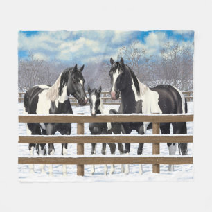 Black Pinto Quarter Horse Paint Horses In Snow Fleece Blanket